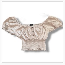 Ambiance Beige Eyelet Off-The-Shoulder Smocked Crop Top - Size L