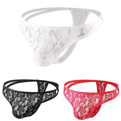 Men Jacquard Lace Low Rise Sheer Breathable Thong G String T Back Underwear