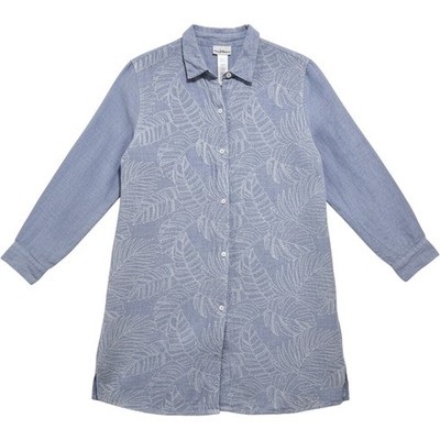 Tommy Bahama Linen Shirt Dress Sz. L Blue Coastal Embroidered Tunic Beach Pocket