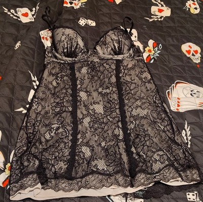 Victoria's Secret Sexy Little Things Lace Babydoll Dress 34B Black Bow Tie