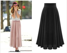Dress Women Elastic Hot Long Maxi Waist Pleated Retro Chiffon Layer Double Skirt