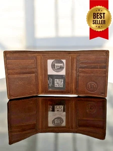 RFID Blocking Brown Vintage Leather Men's Trifold Center Flap Wallet NEW