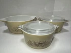 PYREX Forest Fancies Mushroom Casserole Dish Vtg  473 474 475, one missing lid