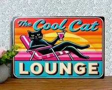 Vintage Black Cat Metal Sign 8x12 Cool Cat Lounge Retro Tin Wall Art Bar Gift
