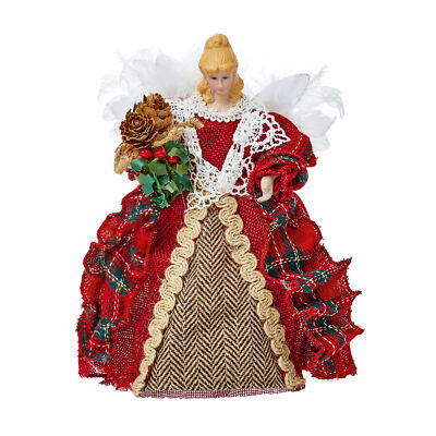Premier 20cm Tree Top Angel in Red Tartan with Feather Wings