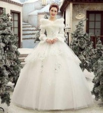 New Chic Womens Korean Wedding Dress Cotton Long-Sleeved Fur Collar Bridal Dress