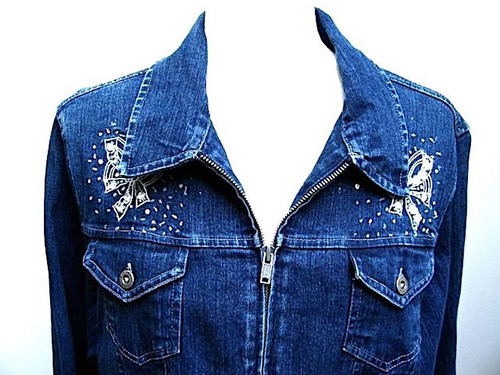 Sag Harbor Blue Denim Jean Jacket Zippered Beaded Embroidered Womens Size 16 - Picture 5 of 13