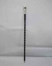 elegant walking stick, twisted cane, wood and metal, black and silver Designer