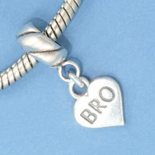 BRO Heart Brother 925 Solid Sterling Silver European Dangle Bead Charm Euro