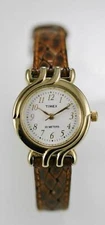 Timex Watch Womens Stainless Steel Gold Brown Leather Water Resistant 30m Quartz