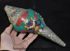 10" Tibet conch Tibetan silver Turquoise gem 8 Treasures statue Conch Horn Shell