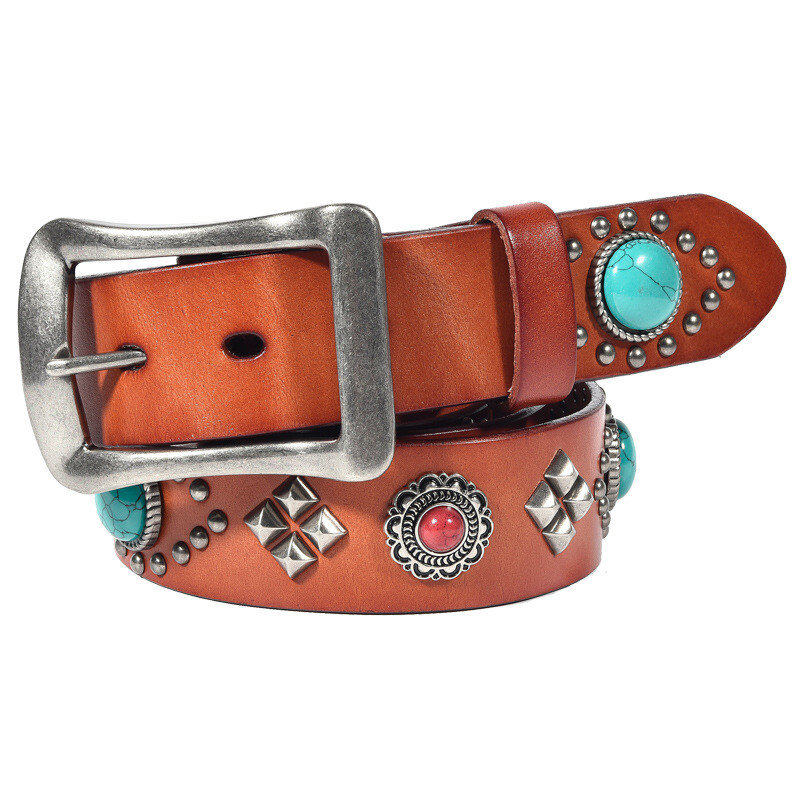genuine leather belt with natural stone new Natural Blue Stone Big Buckles Genuine Leather Cowboy Belts  main image 4