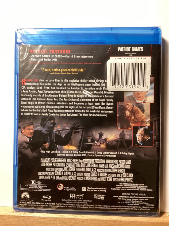 Patriot Games (Bluray 2008) Harrison Ford Sean Bean eBay