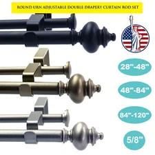 Round Urn Adjustable Double Drapery Curtain Rod Set 28"-48"/ 48"-84"/ 84"-120" 