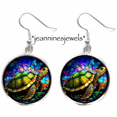 Sea Turtle Earrings FAUX Stained Glass Rainbow Art Print Dangle - Main Image
