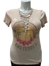 Express One Eleven Pink Tamales &Tequila Pink Shirt V Neck Low Cut Draw String S