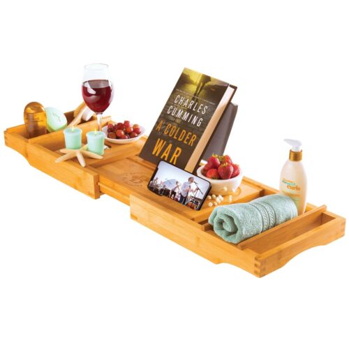 Expandable Bamboo Bathtub Caddy Bath Tray for a Spa Relaxing Bath By Bambusi - Afbeelding 1 van 6