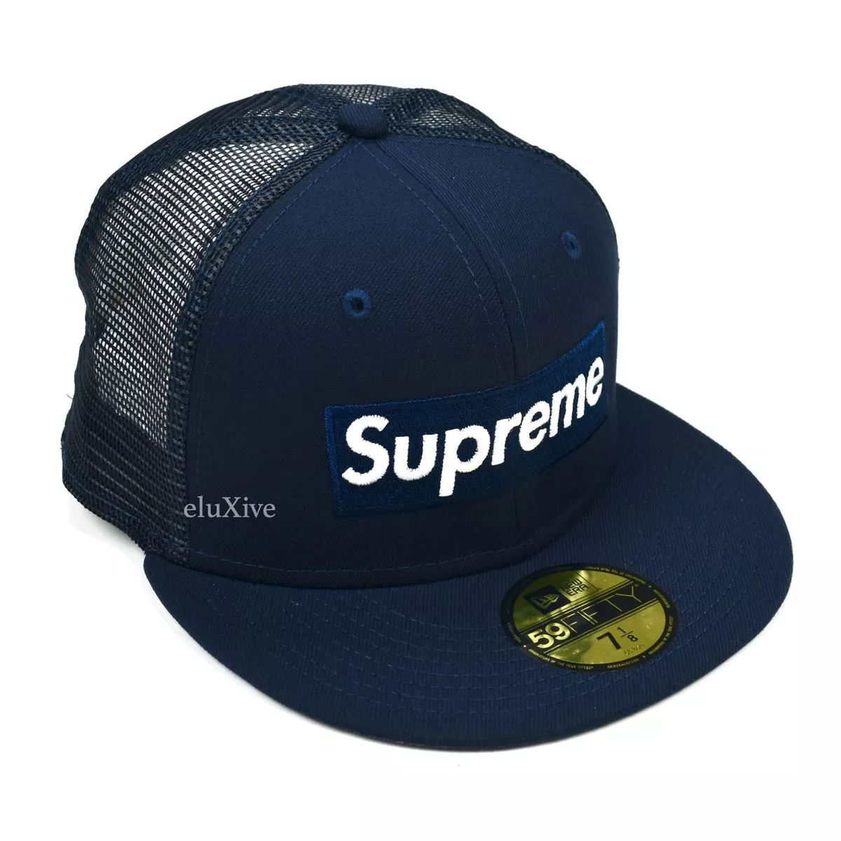 NWT Supreme New Era Navy Box Logo Mesh Back Hat Cap Mens 7  SS  AUTHENTIC