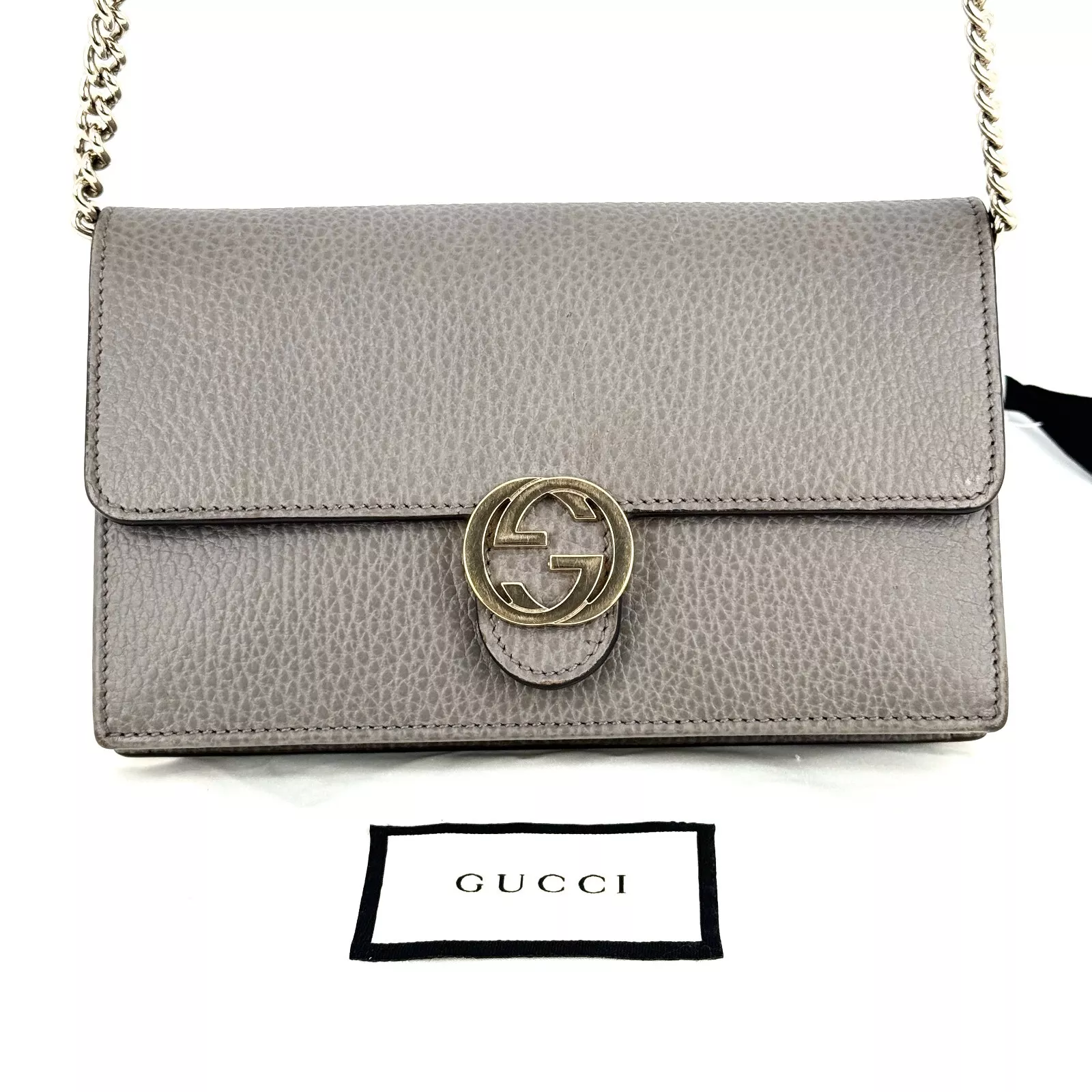 Gucci Portefeuille Chaîne Enclenchée Cuir Gris Authentique Du Japon/0278