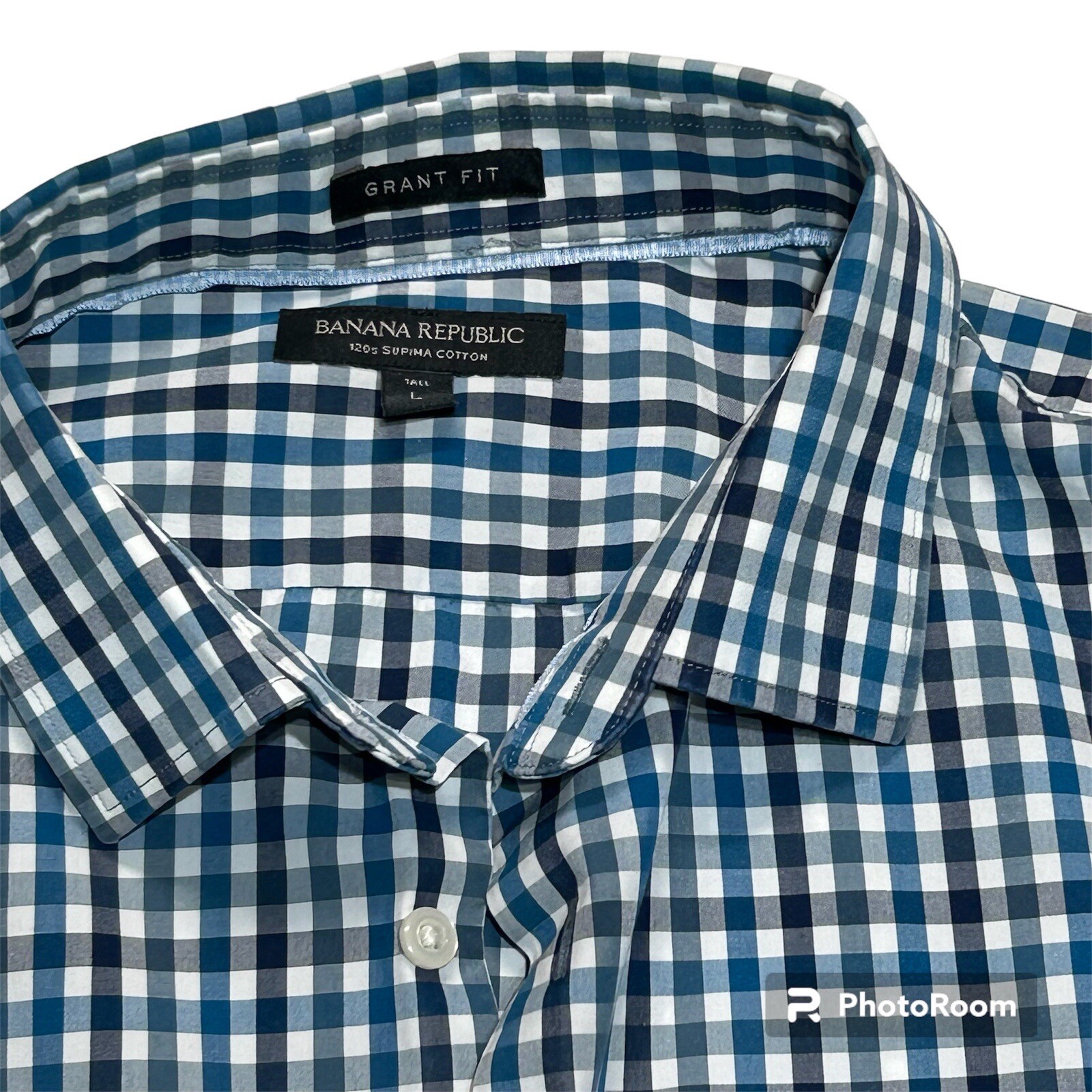 Banana Republic Grant Fit Mens Large Tall Long Sleeve Blue White Check