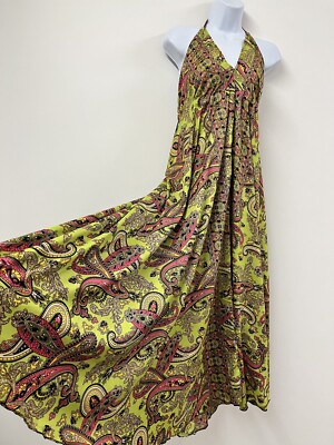 Grünes Boho Kleid lang Sommer Urlaub One Size Maxi Vintage Hippie Indianer Seide Mi