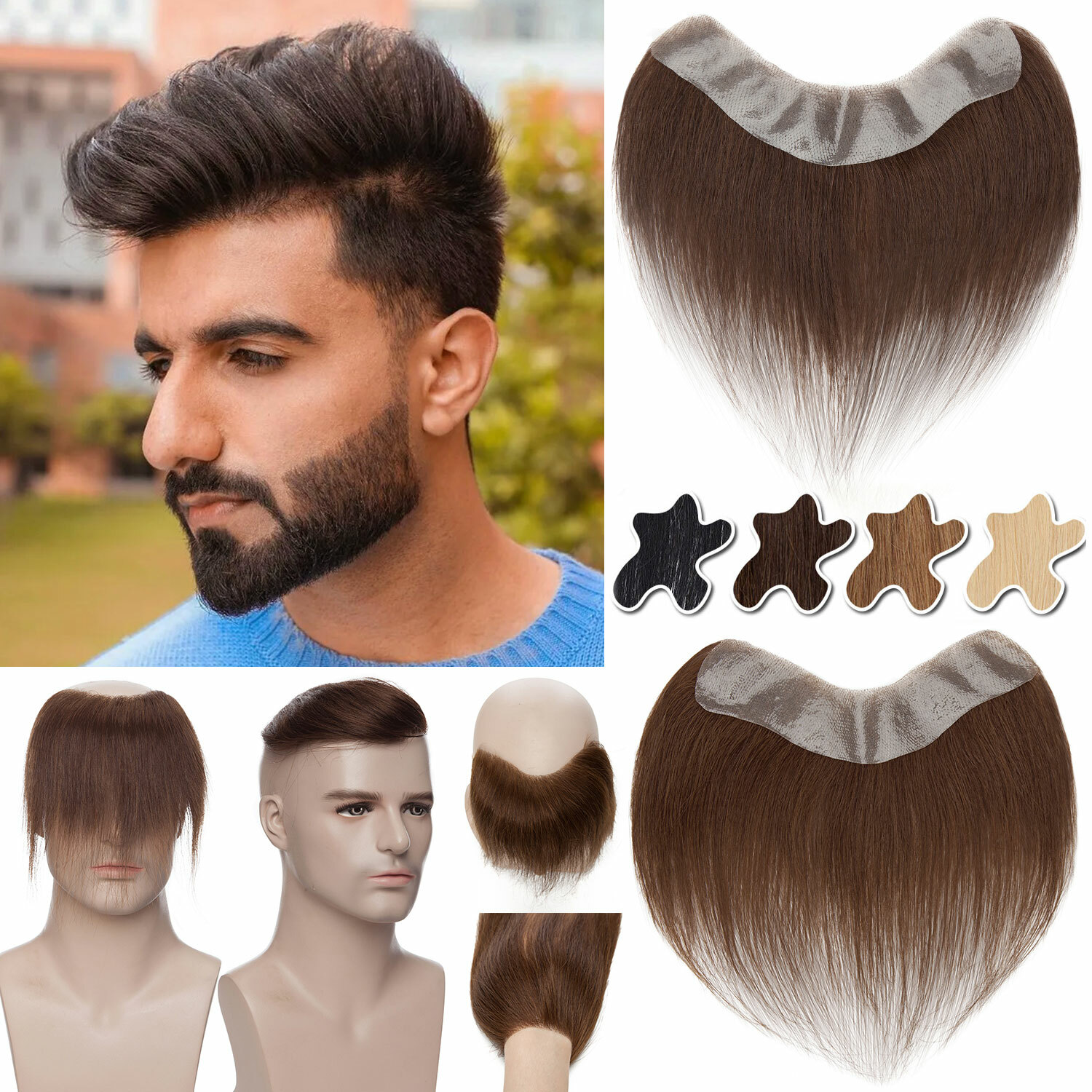 Peluquería marrón frente bucle en V línea de cabello para hombre Tupee Remy cabello humano piel delgada