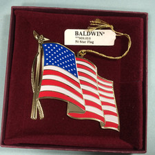 Baldwin American Flag Ornament Brass Gold Plated 2001 Hanging 3" Wide Boxed