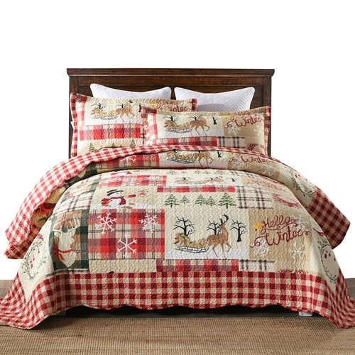 MarCielo 3 Piece Christmas Quilt Set, Rustic Lodge Deer Quilt Bedspread Throw...