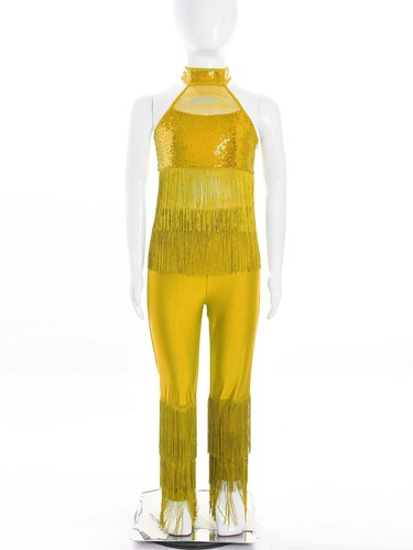 Kids Girls Leotard Long Rompers Fancy Jumpsuit Halter Bodysuit Latin Outfit - Picture 39 of 95