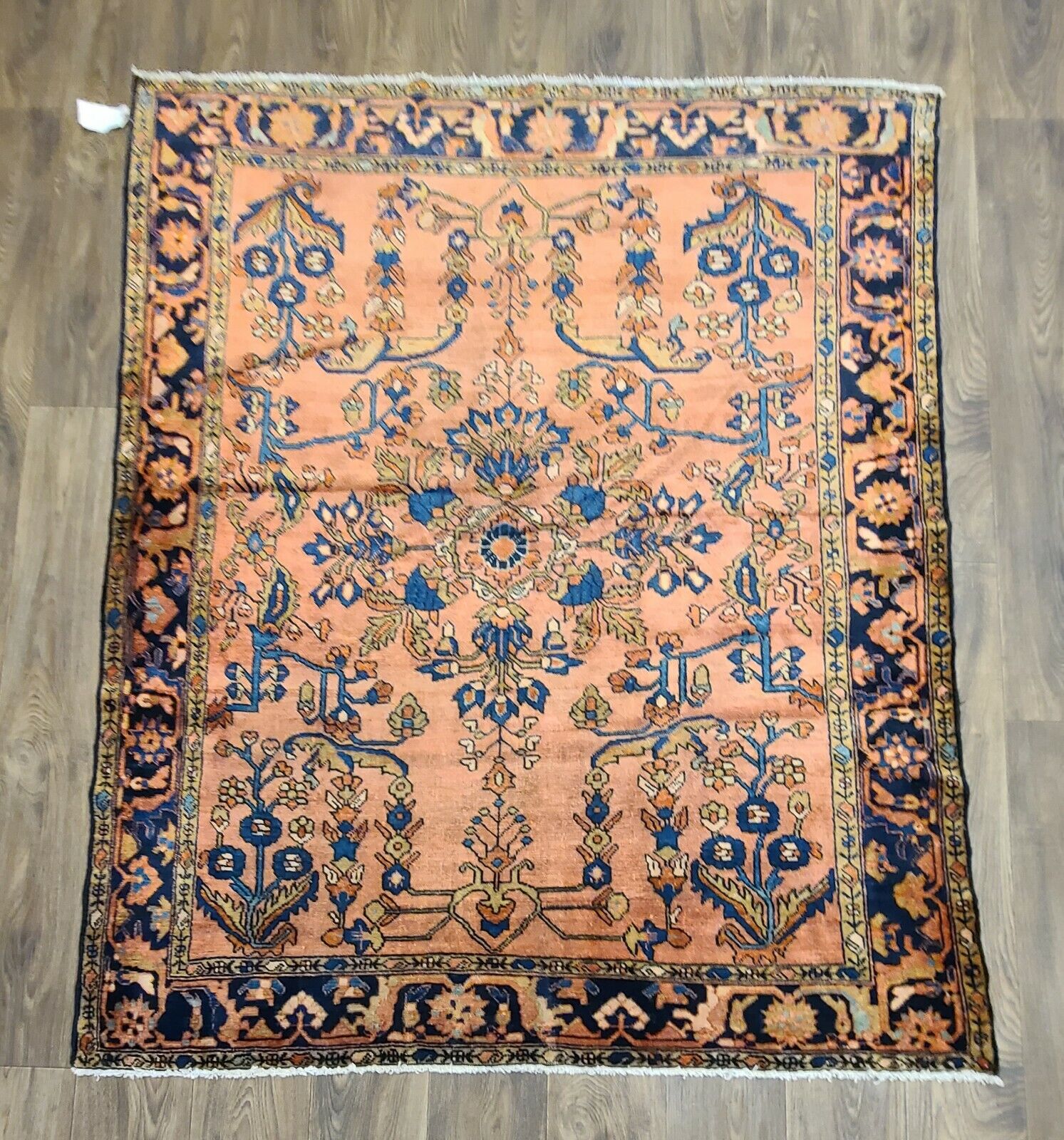 Antique handwoven rug size 5'×6ft  traditional Lilihan design salmon blue