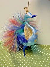 NWT Soffieria De Carlini Peacock Bird Ornament Blue Blown Glass Feathers Glitter