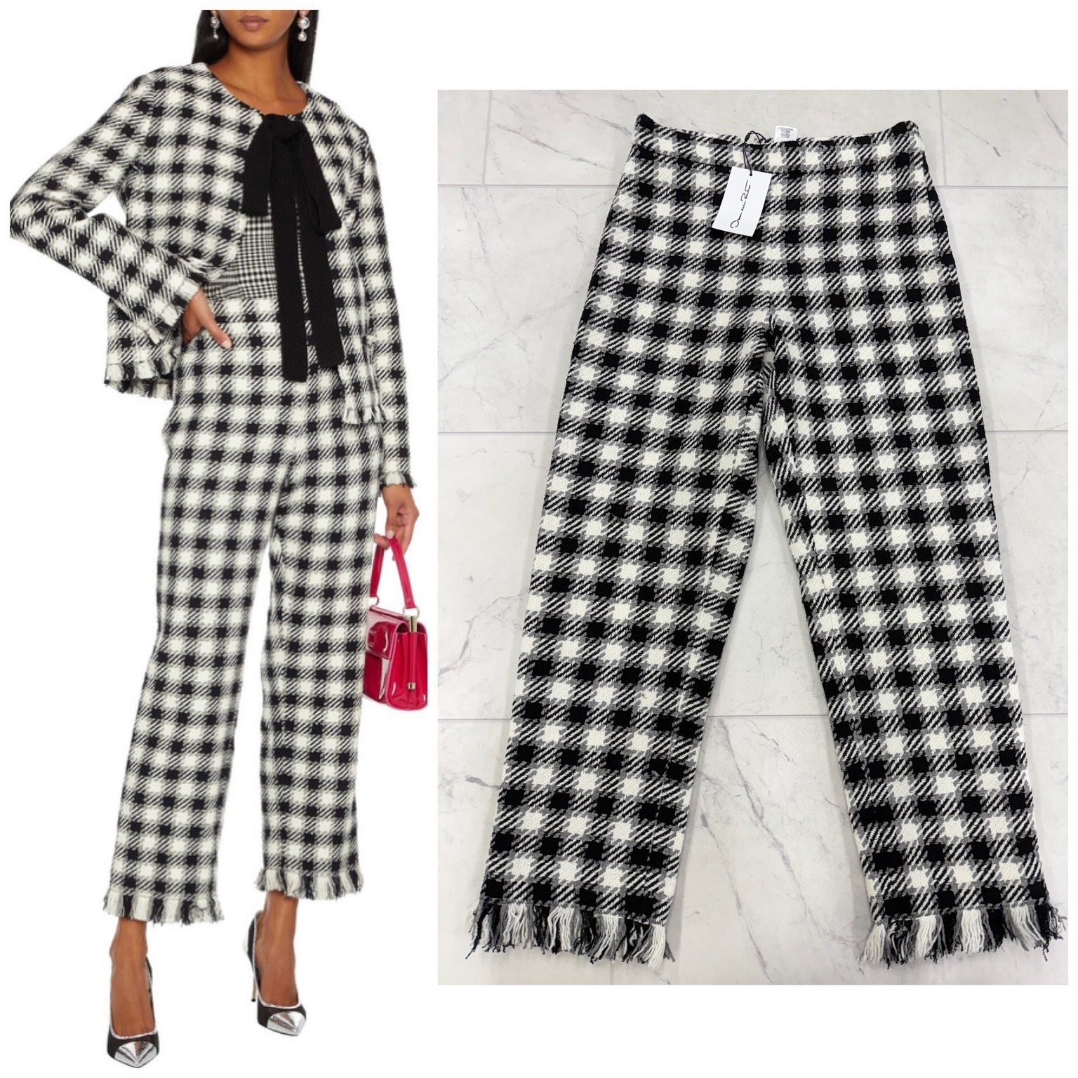 NWT $1,651 Women's Oscar De La Renta Frayed Gingham Tweed Pants Size: 6