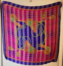 Vintage Equestrian Tassel Print Sheer Scarf Purple Pink Gold Square Boho Retro