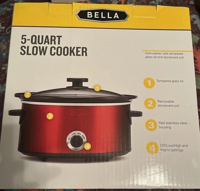 Bella 5 Quart Red Stainless Glass Lid Slow Cooker WJ 5000EA New In Box