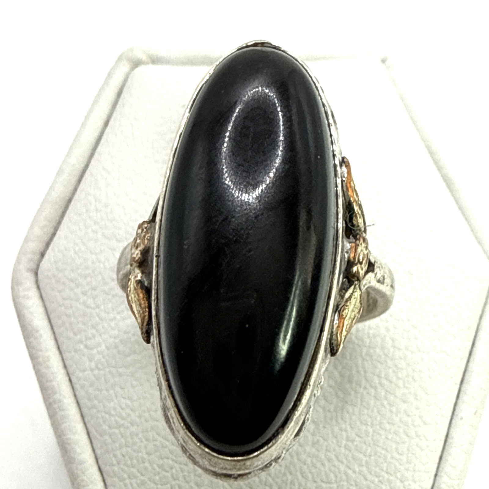 Stunning .925 Vintage Sterling Silver &10k Estate Ring Size 5.25 w-Black stone