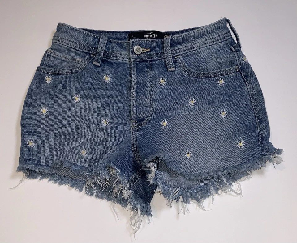 Shorts Hollister tamanho 1 W25 cintura alta mãe margarida flor bordado recorte - Imagem 2 de 4