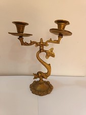 Vintage Brass Dolphin Candelabra 2-Arm Candle Holder Ornate Mythical Fish Regenc