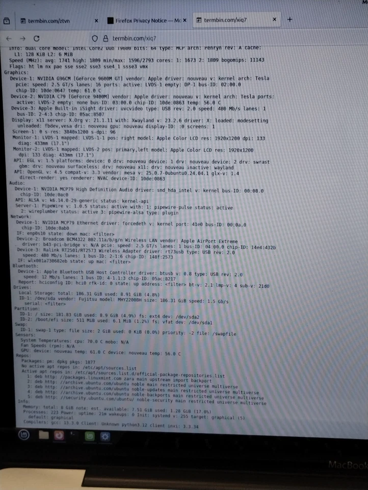 Apple MacBook A1297 17" 2009 Core 2 Duo 8GB RAM 200GB HDD Linux Mint 22 - Image 3 of 4