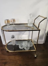 MCM Bar Cart Cocktail Tea Trolley Hollywood Regency -Gold  2 Tier Smoked Glass 