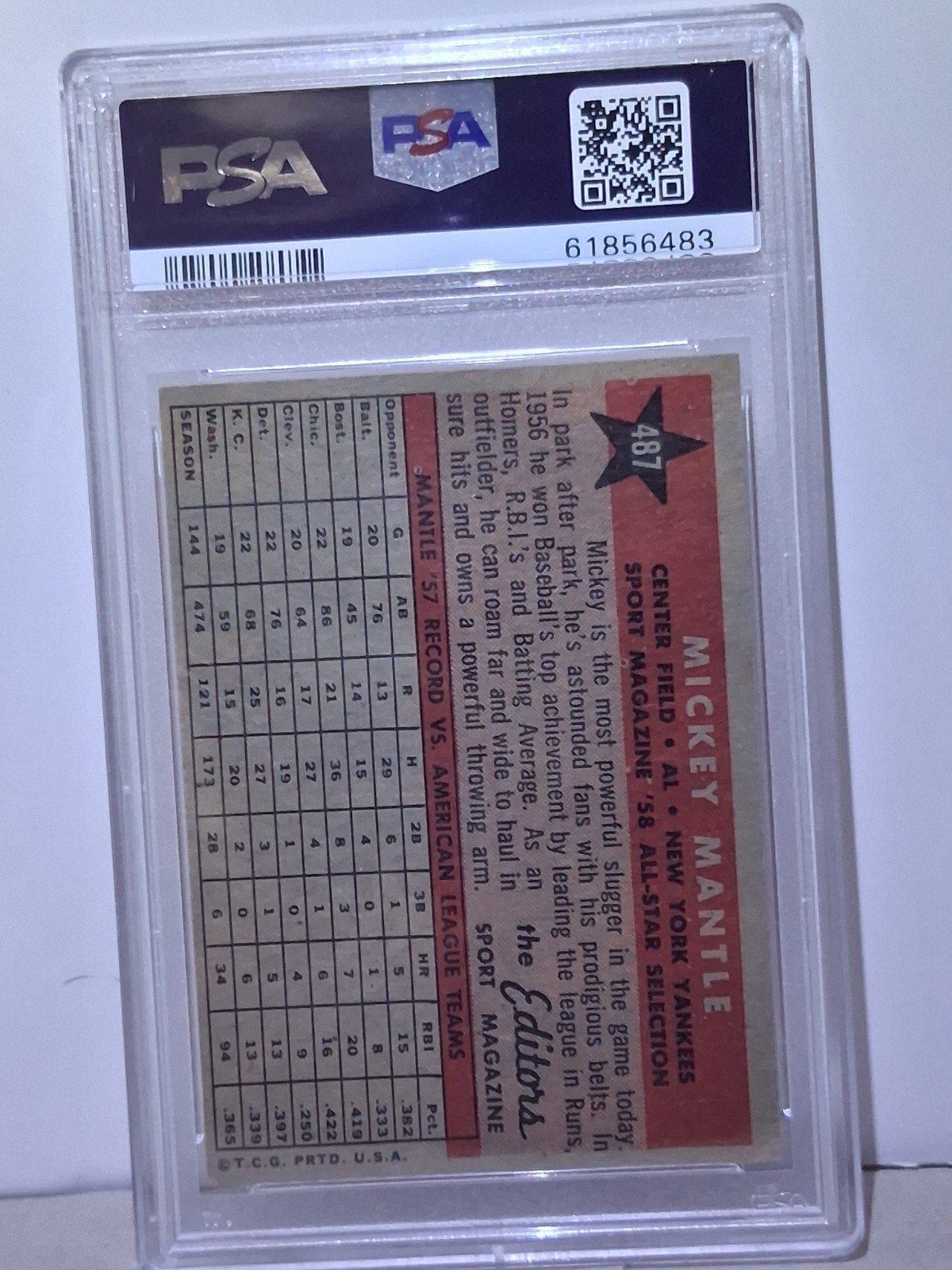 1958 Topps Mickey Mantle AS. DEAD CENTERED BEAUTY. GREAT COLOR, CORNERS PSA 2.5 view 2