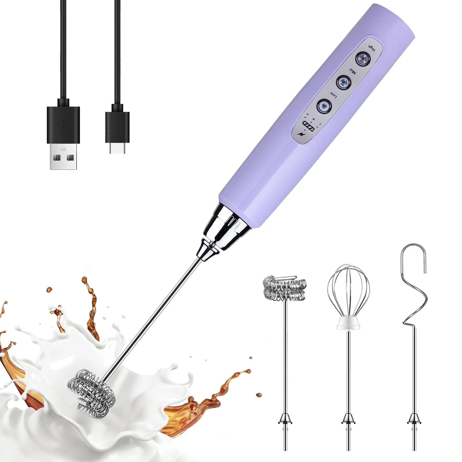 Light Purple Handheld Milk Frother Wand for Coffee, Rechargeable Whisk with 3...