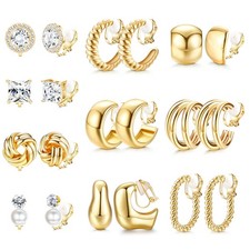 FIBO STEEL 10 Pairs Clip On Earrings for Women Non Pierced 14K Gold Plated