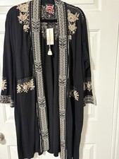 Johnny Was LA Long Open Front Duster L Black Embroidered Cotton Jacket Boho