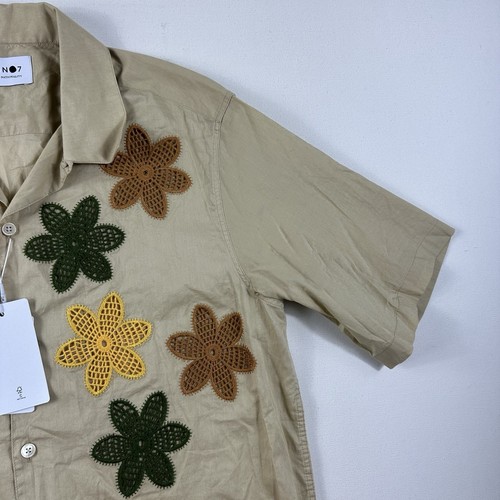 NN07 Julio Crochet Shirt Mens Button Front Camp Collar Embroidered Floral Medium - Picture 5 of 8