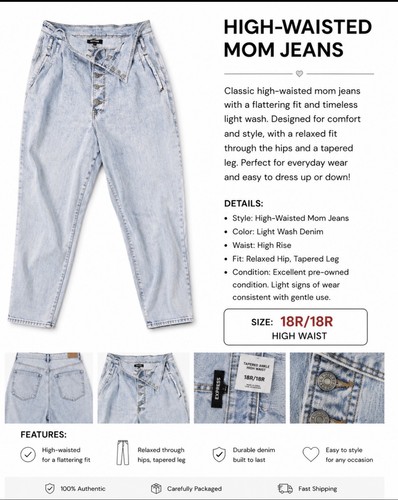 Express Women’s High Rise Mom Jeans Relaxed Fit Light Wash Denim 5-Pocket