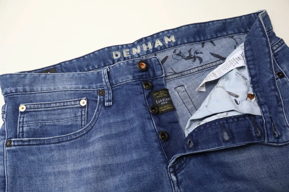 Pantalones de mezclilla DENHAM Bolt ajustados para hombre W34/L34 azul desteñido bigotes botón elástico Foto 4 de 4