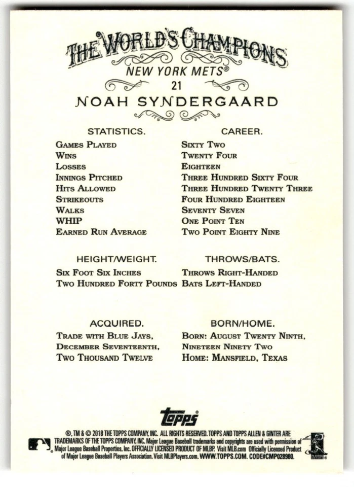 2018 Topps Allen & Ginter Noah Syndergaard #21 New York Mets - Image 2 of 2