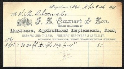 J.S. Emmert & Son Implements 1891 Billhead S.M. Bloom & Co Hagerstown, MD (#1)