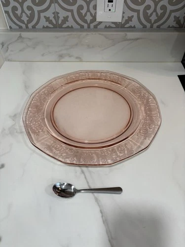 Vintage Pink Depression Glass 14” Serving Platter Scrollwork Pattern 1930s