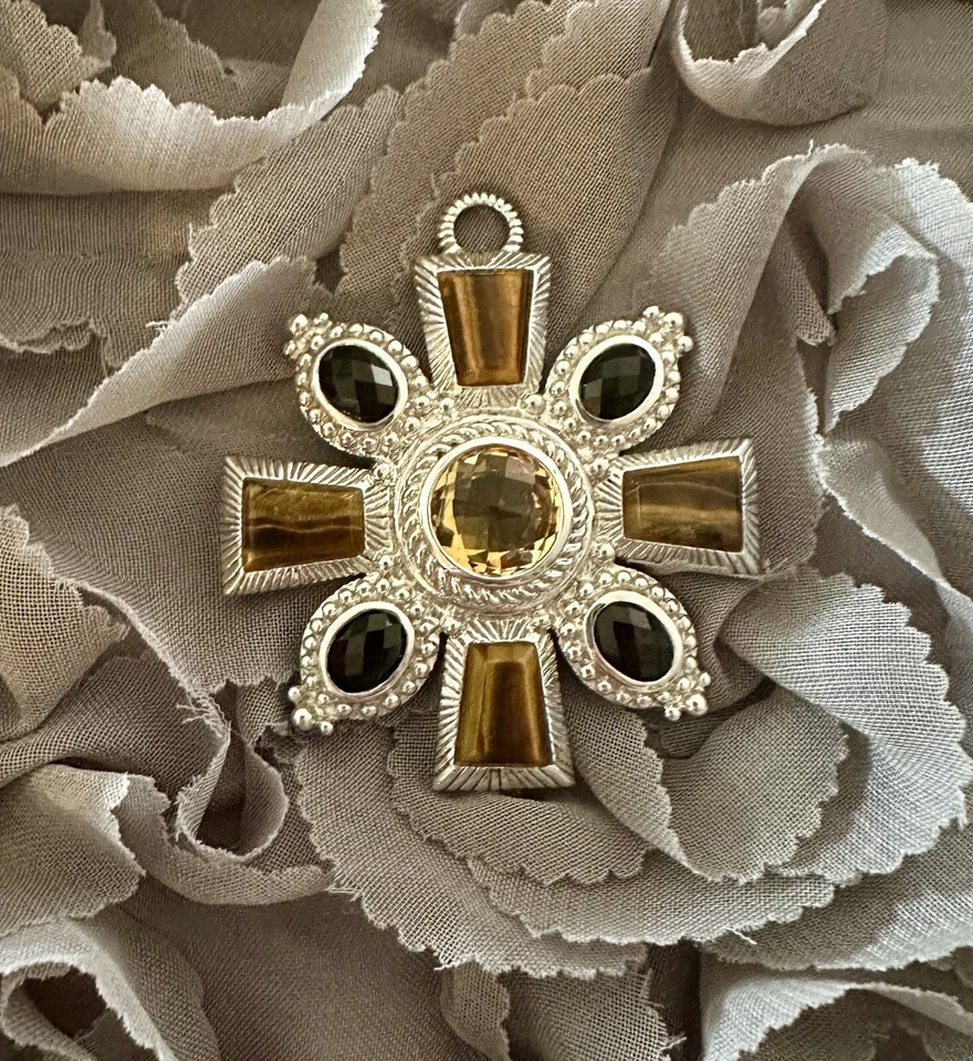 Pingente Judith Ripka prata esterlina olho de tigre citrino e ônix - Imagem 3 de 4